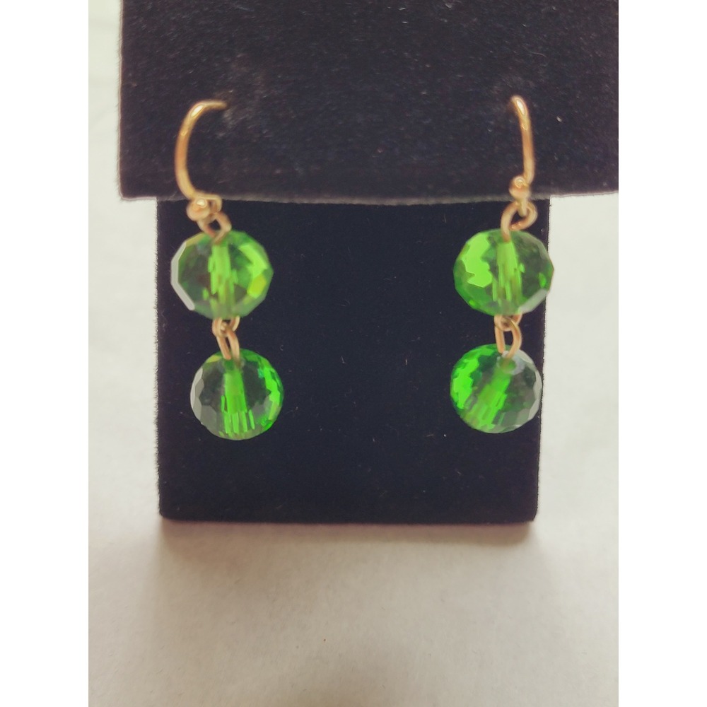 Earrings Womens OS Double Drop Green Faceted Glass Gold Tone Dangle